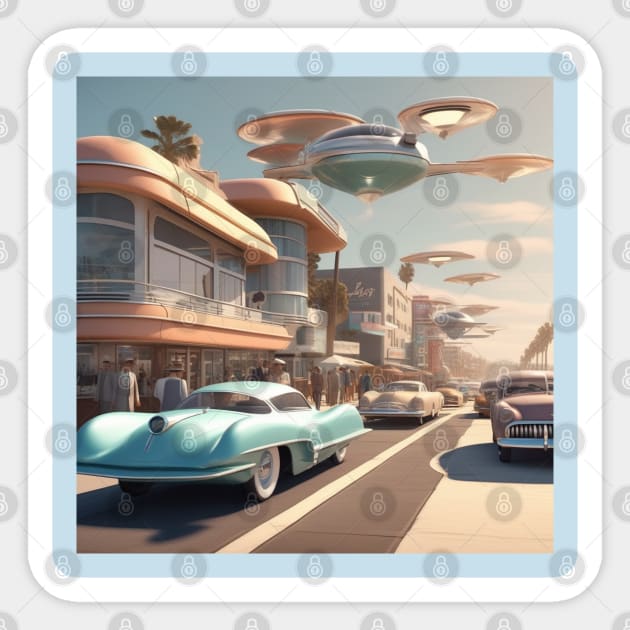 A Retro-Futuristic image of a Califonia Beach City Sticker by Musical Art By Andrew